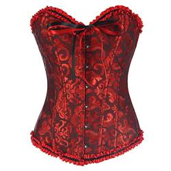 Damen Spitze Überbrust Korsett sexy Damen Corsage Vintage Gothic Bustiers KorsettsVollbrust mit Stahlstäbchen Bridal Wäsche Gothic Korsage Top Satin Bustier mit G-String S-3XL (Weinrot, 2XL-3XL) von VicSec