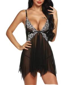 VicSec Damen 2 pieces Tief V Ausschnitt Lingerie mit G-String Sexy Spitze Negligee Reizwäsche Dessous Set Vorne öffnen Tüll Nachtkleid Babydoll S-3XL von VicSec