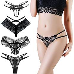 VicSec Damen 4 Packs String Tanga Ouvert Slip Sexy Unterwäsche Unterhosen Dessous Offener Schritt Wetlook Spitze Reizvoller Niedrige Taille G-String, Schwarz-4pcs, 4 Stils von VicSec