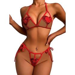 VicSec Damen Body Unterwäsche Babydoll Nachtwäsche Spitze Heißen Sexy Dessous Set Reizwäsche Dessous Set 2-Teil BH + String Tanga Spitze Push-Up G String Rot von VicSec