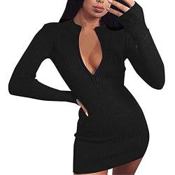 VicSec Damen Pullover Kleid Frauen Langarm Rückenfrei Kleid mit Bow Sexy Mini Bandage Mode Minikleid Elegante Winterkleid Modische Strickkleid Wickelkleid Hemdkleid Herbstkleid Partykleid Schwarz S von VicSec