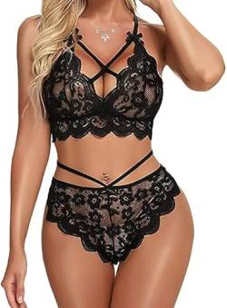 VicSec Damen Sexy Dessous-Set mit Strapsgürtel, 2-Teil BH + String Tanga, Spitze Push-UpTräger-BH und Höschen-Set Unterwäsche, Florale Spitze Nachtwäsche Babydoll S-2XL von VicSec