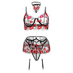 VicSec Damen Sexy Spitze Strapsen mit Stickerei Dessous Set mit Strumpfgürteln Durchsichtige Push up BH und String Reizwäsche Set Exotische Mesh Neckholder Hosenträger Unterwäsche für Frauen von VicSec