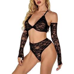 VicSec Dessous Damen-Dessous-Set mit Strass-Mesh Frauen Reizwäsche Spitze 3-Teil Riemen, durchsichtiges BH-Oberteil, Höschenhandschuhe, Netz-Bikini, Rave-Tanz-Outfits Sexy Dessous-Set S-3XL von VicSec