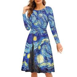 Viewamoon Midikleider für Damen Herbst Langarm Puffy Kleid Größe S-4XL, Van Gogh Sternennacht, Groß von Viewamoon