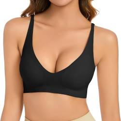 Vijamiy BH Damen Ohne Bügel V Ausschnitt Komfort Soft BH Push Up Seamless BH Leicht Gepolsterte Brüste Für Einen Gefühlsfreien Sitz Bralette Damen(Schwarz,L) von Vijamiy