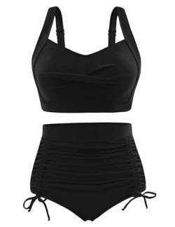 Vijamiy Bikini Damen Set Bauchweg High Waist Push Up Bikini V-förmiger Brustwickel Verstellbare Sexy Rückenfrei Badeanzug Bedruckte Mode Badebekleidung(Schwarz,S) von Vijamiy