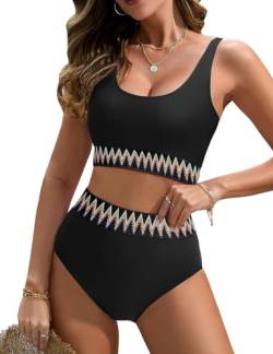 Vijamiy Bikini Damen Set Bauchweg Push Up Bikini High Waist Bademode Vintage-Welle Elastisch Badeanzug Sexy Große Brüste Badebekleidung (Schwarz,L) von Vijamiy