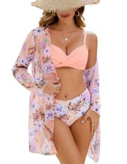 Vijamiy Bikini Damen Set Schalbluse Dreiteilig Push Up Bikini Gekreuzte Umschlingung Sexy Nabelschau Badeanzug Sonnenschutz Strand-Badebekleidung(Rosa,M) von Vijamiy