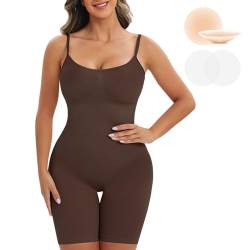 Vijamiy Shapewear Damen Bauchweg Shaping Bodysuit Mit Nippelpads Formende Bodys für Damen Kurze Hose Oberschenkel Reiben Schutz,Nahtloser V-Ausschnitt Verstellbare Träger(Kaffee,XL) von Vijamiy