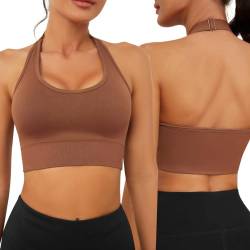 Vijamiy Sport BH Rückenfrei Neckholder BH Damen Push Up Sport Bra Abnehmbar Gepolstert Shock Absorber Sport BH Verstellbarer Schultergurt Fitness Top Yoga Sport(Kaffeefarbe,M) von Vijamiy