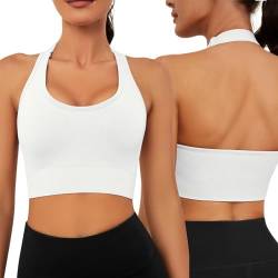 Vijamiy Sport BH Rückenfrei Neckholder BH Damen Push Up Sport Bra Abnehmbar Gepolstert Shock Absorber Sport BH Verstellbarer Schultergurt Fitness Top Yoga Sport(Weiß,L) von Vijamiy