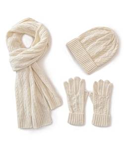 Villand 3 in 1 Damen Wolle Mütze, Schal & Handschuh Winter Sets, 3-teilige Zopfstrickmütze für Damen mit Geschenkbox (Beige) von Villand