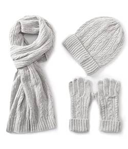 Villand 3 in 1 Damen Wolle Mütze, Schal & Handschuh Winter Sets, 3-teilige Zopfstrickmütze für Damen mit Geschenkbox (Grau) von Villand