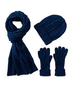 Villand 3 in 1 Damen Wolle Mütze, Schal & Handschuh Winter Sets, 3-teilige Zopfstrickmütze für Damen mit Geschenkbox (Marineblau) von Villand