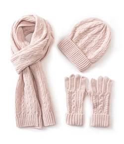 Villand 3 in 1 Damen Wolle Mütze, Schal & Handschuh Winter Sets, 3-teilige Zopfstrickmütze für Damen mit Geschenkbox (Rosa) von Villand