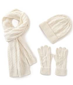 Villand 3 in 1 Damen Wolle Mütze, Schal & Handschuh Winter Sets, 3-teilige Zopfstrickmütze für Damen mit Geschenkbox (Weiß) von Villand