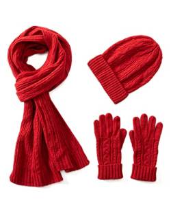 Villand 3 in 1 Damen Wolle Mütze, Schal & Handschuh Winter Sets, 3-teilige Zopfstrickmütze für Damen mit Geschenkbox (burgunderfarben) von Villand