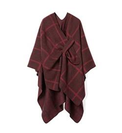 Villand Schal für Damen Poncho-Umhang Cardigan mit offener Vorderseite, Gürtel und Geschenktüte für Herbst und Winter (Weinrotes Plaid) von Villand