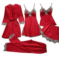 Vimoli 5-teiliges Set Dessous-Sets Damen Dessous Lace Babydoll Nachtwäsche Nachthemd Einfarbig Pyjamas Set Kimono Morgenmantel Satin Bademantel Seide Roben V Ausschnitt Mit Blumenspitze(U Rot,L) von Vimoli