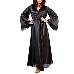 Vimoli Bademantel Damen Lang Satin Kimono Morgenmantel Robe Seide Weiche Negligee 3/4 Ärmel Nachtwäsche mit Gürtel G-String V Ausschnitt für Hochzeit und Pajama Party(A Schwarz,S) von Vimoli