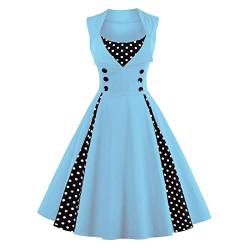 Vimoli Cocktailkleid Damen 1950er Vintage Rockabilly Kleider A-Linie Schwingen Kleid Polka Dot Swing Faltenrock Partykleid Ballkleider Ärmelloses Knielang Gepunktet Abendkleider Kleid(Blau,XL) von Vimoli