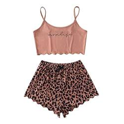 Vimoli Damen Kurz Schlafanzug Pyjama Set Cartoonmuster Top und Short Zweiteilig Sleepwear Sommer Leibchenoberteile Hausanzug Mode Stilvoll Gedruckt Crop Tops Teenager Mädchen Süß Pyjama(O Rosa,S) von Vimoli