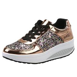 Vimoli Damen Sneaker Wedges mit Keilabsatz Sportschuhe Bequeme Atmungsaktive Mesh Turnschuhe Metallic Prints Pailletten Shake Schuhe(A Gold,35) von Vimoli