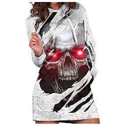 Vimoli Kapuzenpullover Damen Halloween Hoodie Kleid Pullover Langarm Sweatshirts Tops Kordelzug mit Tasche Herbst Totenkopf Druck Mini Kleid mit Kapuze (A Red, M) von Vimoli