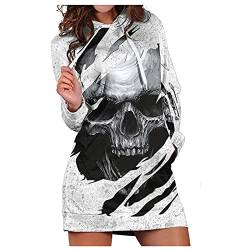 Vimoli Kapuzenpullover Damen Halloween Hoodie Kleid Pullover Langarm Sweatshirts Tops Kordelzug mit Tasche Herbst Totenkopf Druck Mini Kleid mit Kapuze (A White, L) von Vimoli