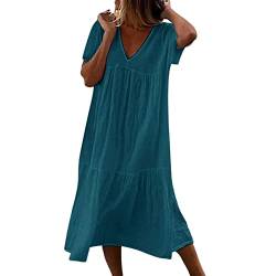 Vimoli Sommerkleider Damen Einfarbig V-Ausschnitt Leinenkleider Kurzarm Freizeitkleid Boho Strandkleid Lang Kleid Lässig Locker Tunika Kleid Midi A-Linie Kleider(A Bleu foncé,XXL) von Vimoli