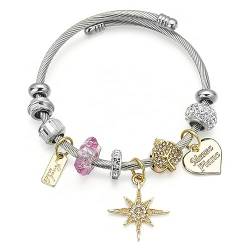 Vinabilia Charm Armband für Mädchen, Freundschaftsarmband mit 8-zackiger Stern Cartoon Anhänger & Zirkon Perlen, Edelstahlarmband für Teen Mädchen Damen, Gold + Silber von Vinabilia