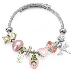 Vinabilia Charm Armband für Mädchen, Freundschaftsarmband mit Krone Herz Erdbeere Cartoon Anhänger, Edelstahlarmband für Teen Mädchen Damen, Rosa von Vinabilia