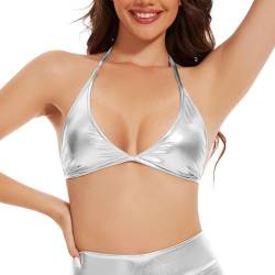 Vinaderhom Damen Metallic BH Top Glänzend Neckholder Bikini Rave Bralette Tops, silber, Medium von Vinaderhom