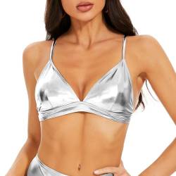 Vinaderhom Damen Metallic Crop Tops Glänzend Bralette Rave BH Triangel Bikini Badeanzug Top, silber, Large von Vinaderhom