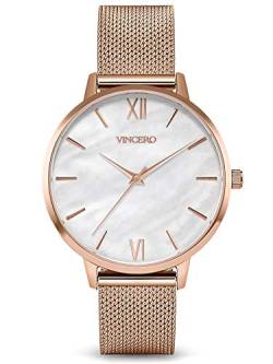 Vincero Luxuriöse Damen-Armbanduhr Eros mit Lederarmband, 38 mm Analoguhr, japanisches Quarzuhrwerk, Netz-Rose + weiße Perle, 38mm, Analoguhr von Vincero