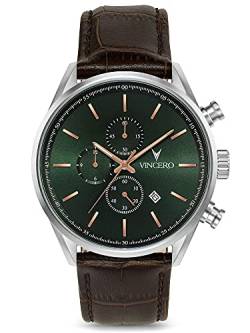 Vincero Luxury Men's Chrono S Wrist Watch - Top Grain Italian Leather Watch Band - 43mm Chronograph Watch - Japanese Quartz Movement… (Dark Olive/Silver) von Vincero