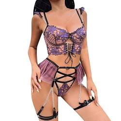 Damen-Unterwäsche-Set Spitzen-Unterwäsche und Unterwäsche-Set Träger-Spitzen-Unterwäsche Sexy Unterwäsche Metallkette Sexy Unterwäsche Sexy Damen Dreiteiliges Set Body Dessous Schwarz (B3-Purple, M) von Vinesand