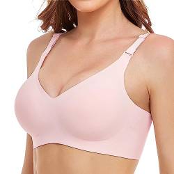 Vinfact Nahtloser Minimizer BH Damen Ohne Bügel V-Ausschnitt Bralette Damen BHS Atmungsaktiver Und Ultrakomfortabler T Shirt Schlaf BH Mit ZusäTzlicher BH-VerläNgerung(Rosa,S) von Vinfact