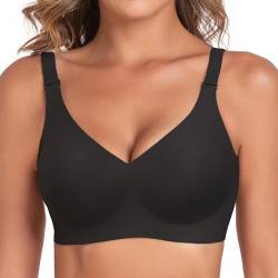 Vinfact Nahtloser Minimizer BH Damen Ohne Bügel V-Ausschnitt Bralette Damen BHS Atmungsaktiver Und Ultrakomfortabler T Shirt Schlaf BH Mit ZusäTzlicher BH-VerläNgerung(Schwarz,L) von Vinfact