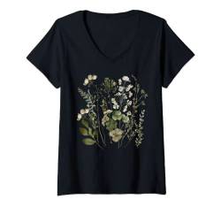 Damen Vintage Pressed Flowers Goblincore Cottagecore Flowers T-Shirt mit V-Ausschnitt von Vintage Pressed Flowers Goblincore Cottagecore