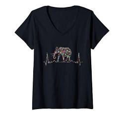 Damen Vintage Herzschlag Elefant T-Shirt mit V-Ausschnitt von Vintage Tier T-Shirts & Geschenkideen