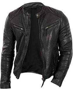 Herren Slim Fit Distressed Lederjacke | Motorrad-Lederjacke | Cafe Racer Jacke für Herren | Biker-Lederjacke für Herren Reiterjacke, Schwarz Slim Fit, M von Vintagearc