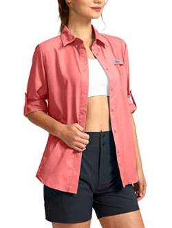 Damen-Sonnenschutz-Angelshirt mit Reißverschlusstaschen, leicht, LSF Langarm-Shirts für Wandern, Safari, Pink, Klein von Viodia