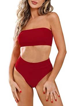 Viottiset Badeanzug Bandeau Top Damen Bikini Set High Waist mit Abnehmbare Träger M Rose Rot von Viottiset