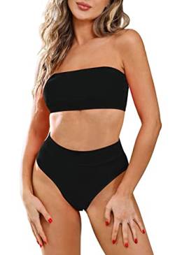 Viottiset Bandeau Top Damen Bikini Set High Waist Badeanzug mit Abnehmbare Träger M Schwarz von Viottiset