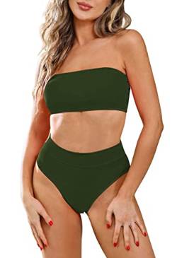 Viottiset Bandeau Top Damen Bikini Set High Waist Badeanzug mit Abnehmbare Träger S Armeegrün von Viottiset