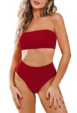 Viottiset Bandeau Top Damen Bikini Set High Waist Badeanzug mit Abnehmbare Träger S Rose Rot von Viottiset