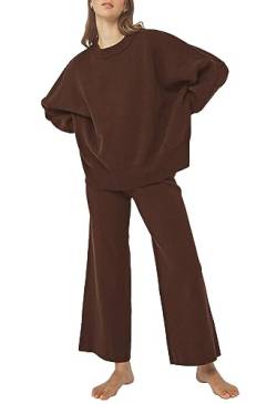 Viottiset Damen 2-Teilige Outfits Übergröße Loungewear Langarm Top Strickpullover Lounge Sets Schlafanzug Kastanie S von Viottiset