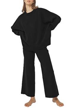 Viottiset Damen 2-Teilige Übergröße Loungewear Langarm Top Strickpullover Lounge Sets Outfits Trainingsanzüge Schwarz M von Viottiset